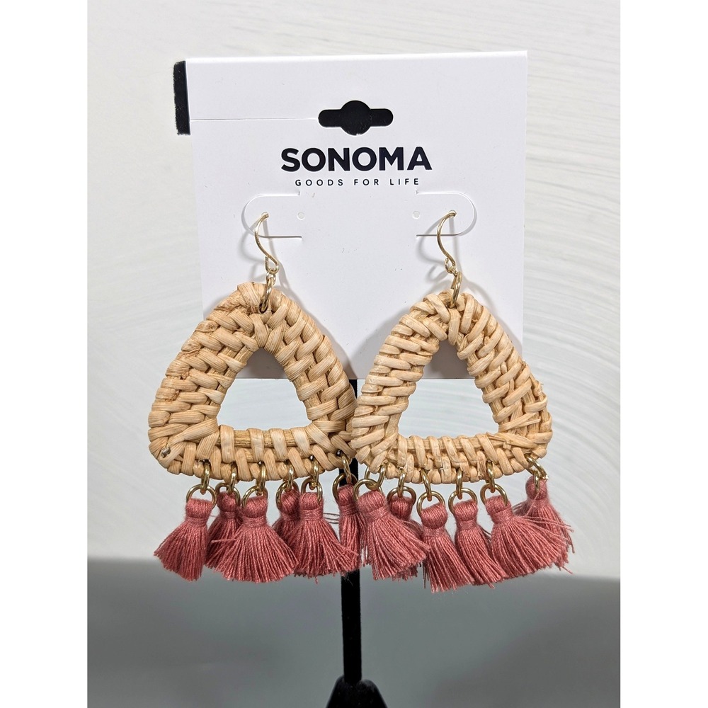 Sonoma Woven Triangle Tassel Earrings Bohoโ Pink Statement Long NWT